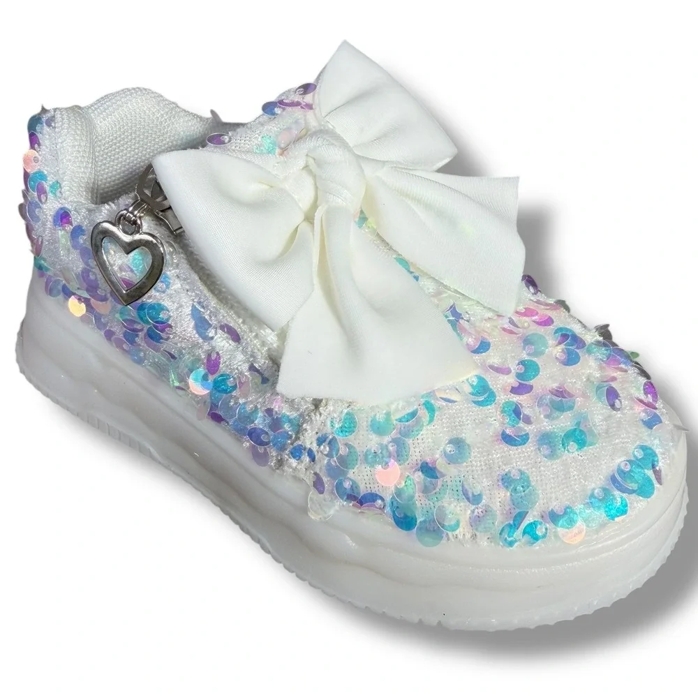 Kids Girls White Sequin Bow Heart Charm Zip Sneakers Toddler Sz 4 baby